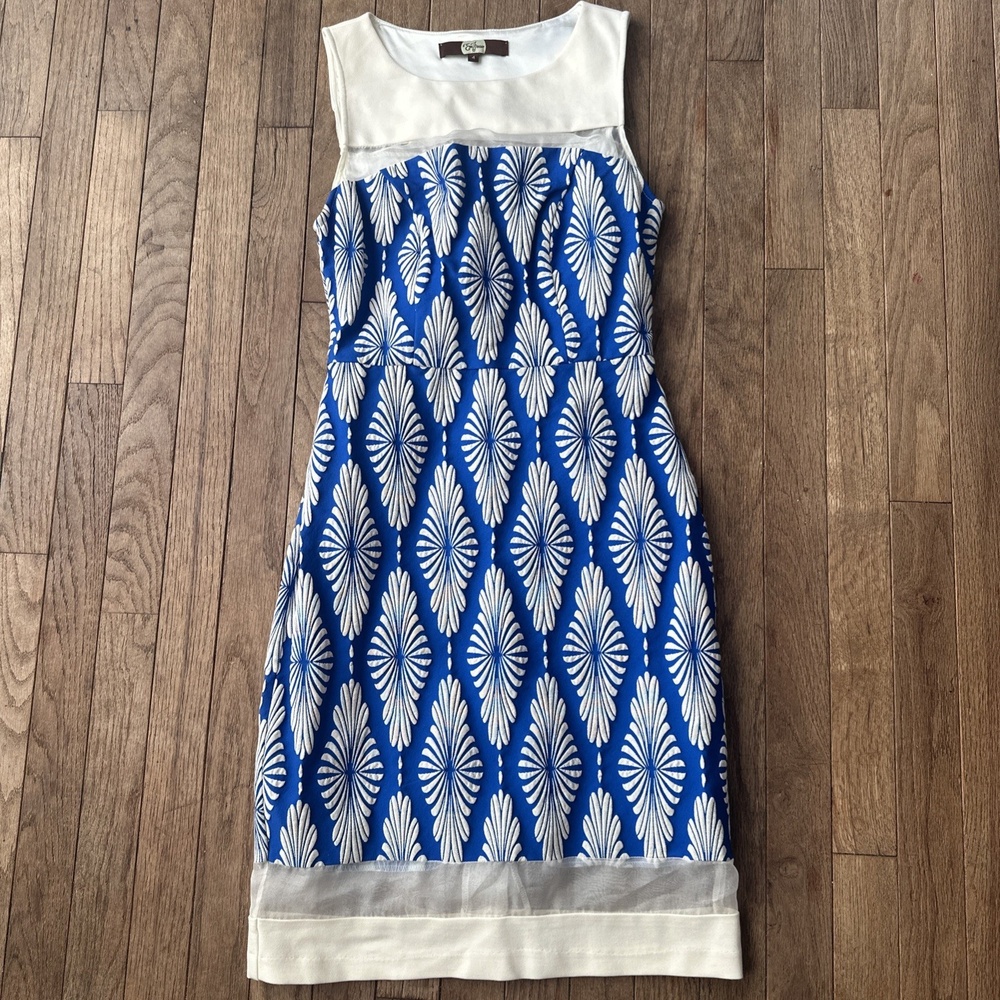 Eva Franco Dress 4 Textured‎ Geometric Mesh Inset Blue White Modern Cocktail
